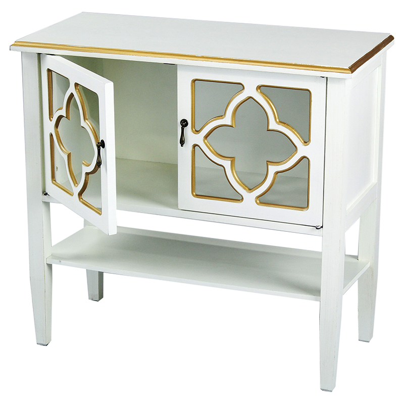 32" X 14" X 30" Antique White W Gold MDF Wood Clear Glass Console Cabinet with Doors and a Shelf