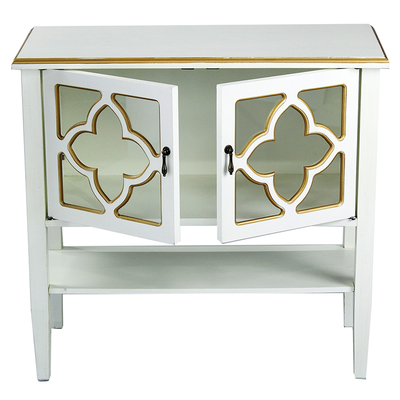 32" X 14" X 30" Antique White W Gold MDF Wood Clear Glass Console Cabinet with Doors and a Shelf