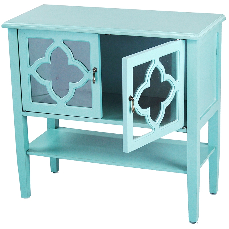 32" X 14" X 30" Turquoise MDF Wood Clear Glass Console Cabinet with Doors and a Shelf