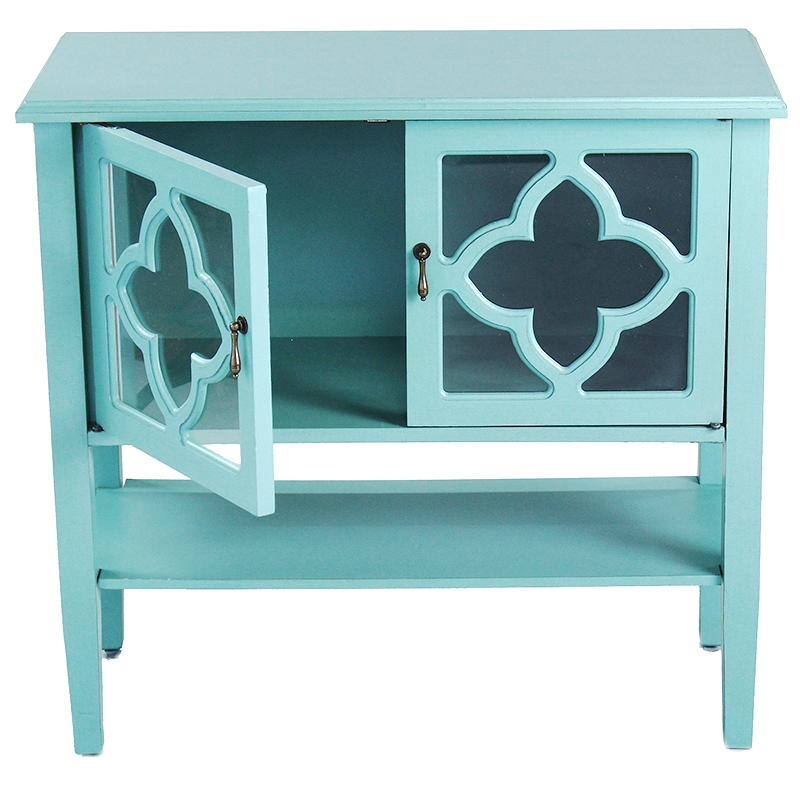 32" X 14" X 30" Turquoise MDF Wood Clear Glass Console Cabinet with Doors and a Shelf
