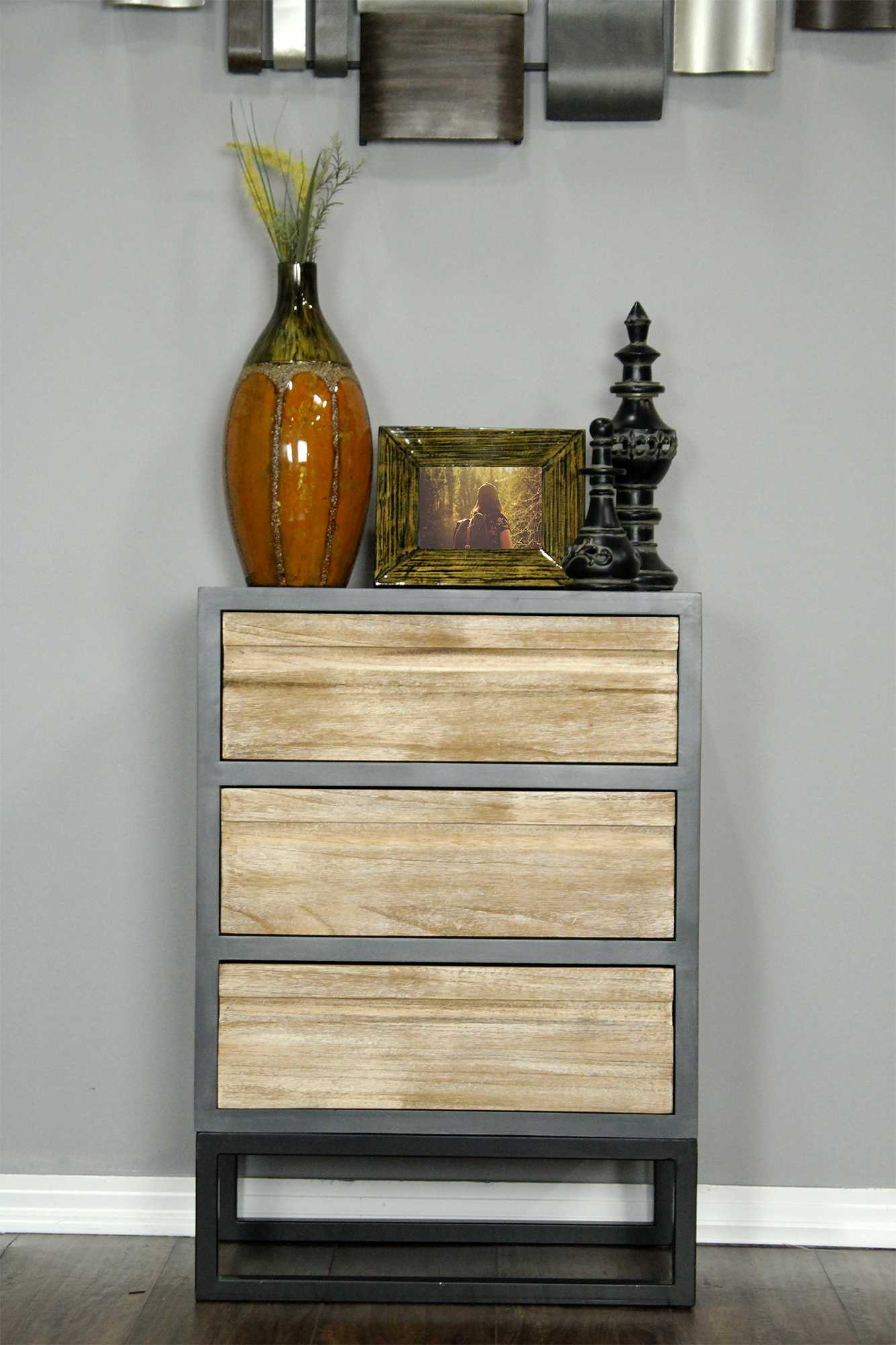 22" X 14" X 31" Gray W Distressed Wood MDF Wood Iron Accent Cabinet with Distressed Drawers