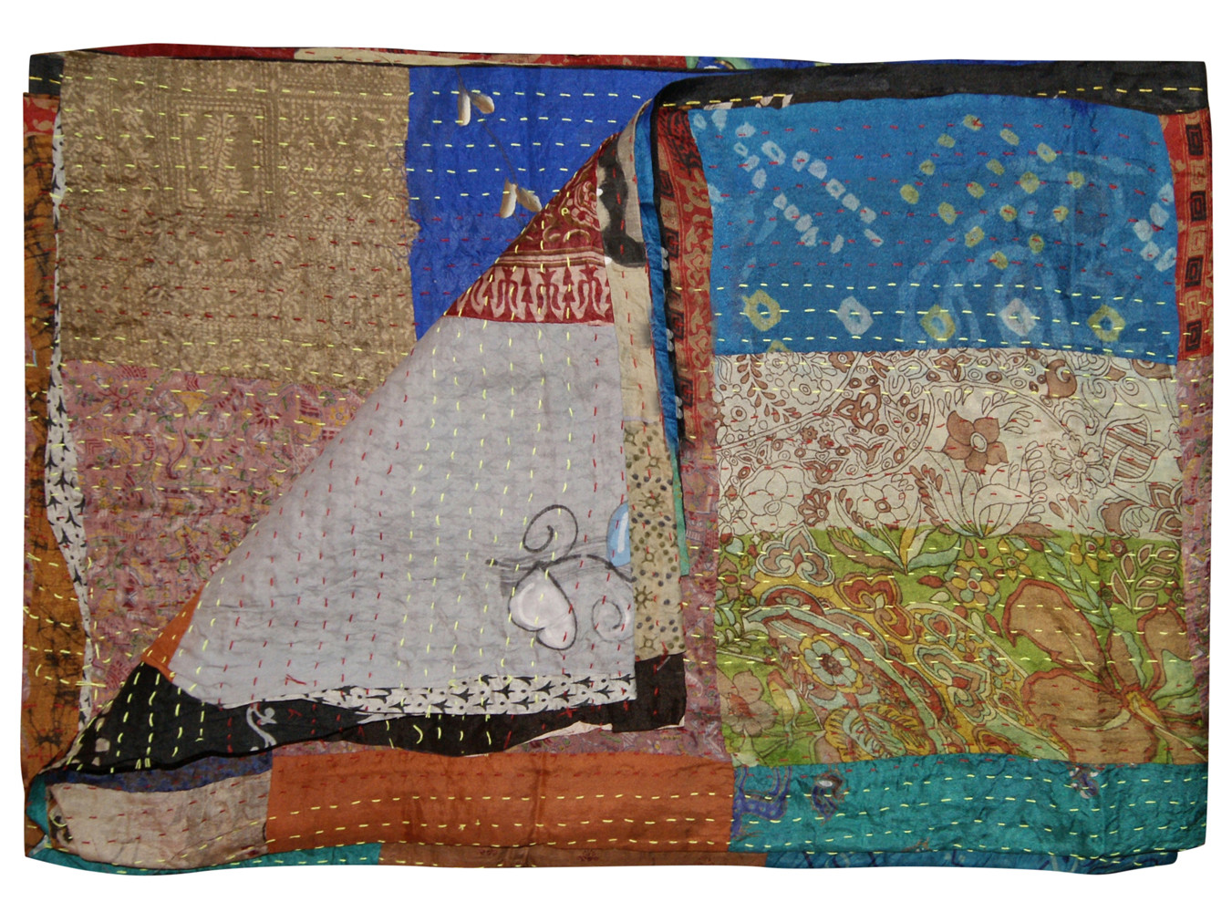 60" X 90" Multicolor Kantha Silk Throw Quilt Blanket-293213-1