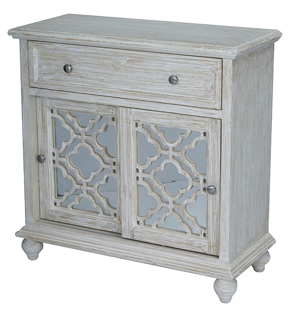 32" X 14" X 32" Distressed White MDF Wood Mirrored Glass Sideboard with Doors and a Drawer
