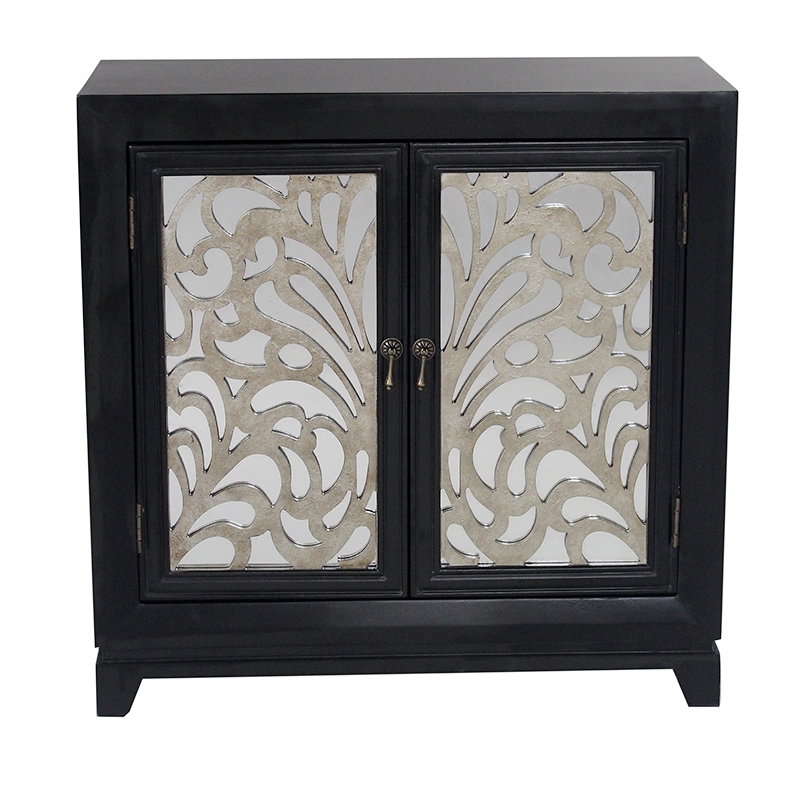 32" X 14" X 32" Black W Silver MDF Wood Mirrored Glass Sideboard with Doors and Silver Paint