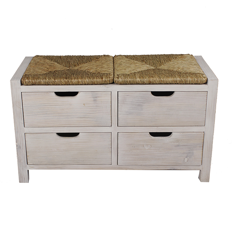 32" X 15" X 20" White Wash W Natural Seagrass Wood MDF Seagrass Bench with Drawers and a Seagrass Top