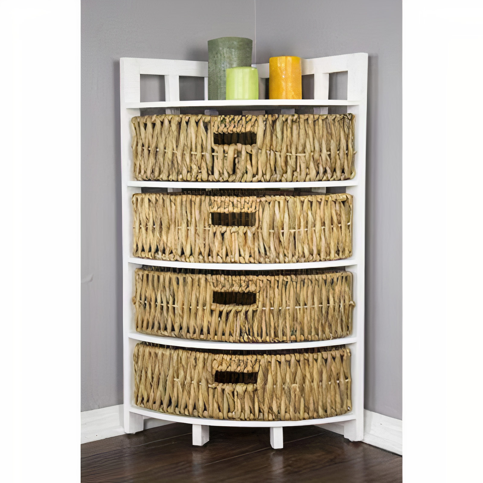 15.5" X 15.5" X 34.25" White Wash with Natural Water Hyacinth Wood MDF Water Hyacinth Corner Storage with Hyacinth Baskets