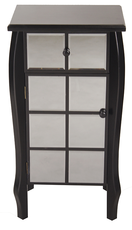 17.3" X 13" X 32.7" Black MDF Wood Mirrored Glass Accent Cabinet with Mirrored Drawer and Door