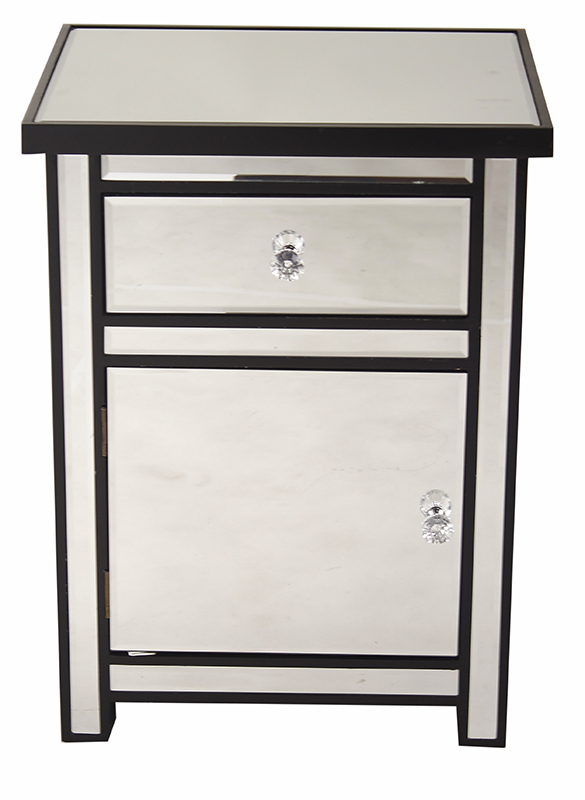 19.29" X 15.75" X 25.2" Black MDF Wood Mirrored Glass Accent Cabinet with a Mirrored Glass Drawer and Door