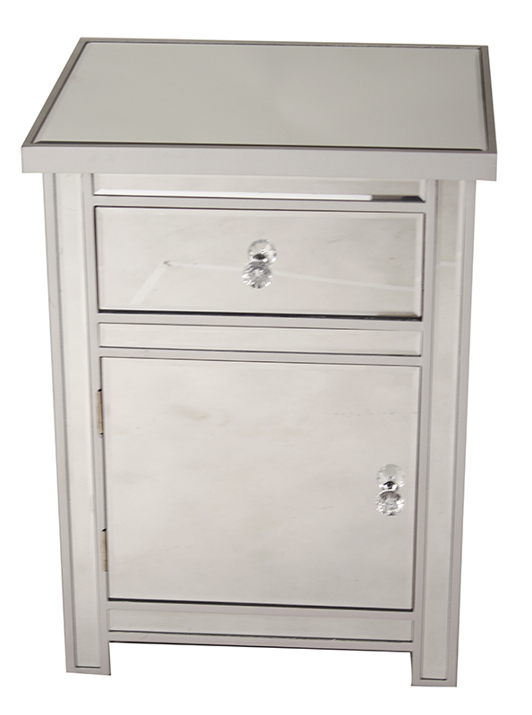19.29" X 15.75" X 25.2" Silver MDF Wood Mirrored Glass Accent Cabinet with a Mirrored Glass Drawer and Door