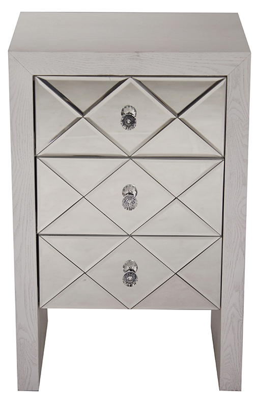 17.7" X 13" X 28" Antique White MDF Wood Mirrored Glass Accent Cabinet with Mirrored Glass Drawers
