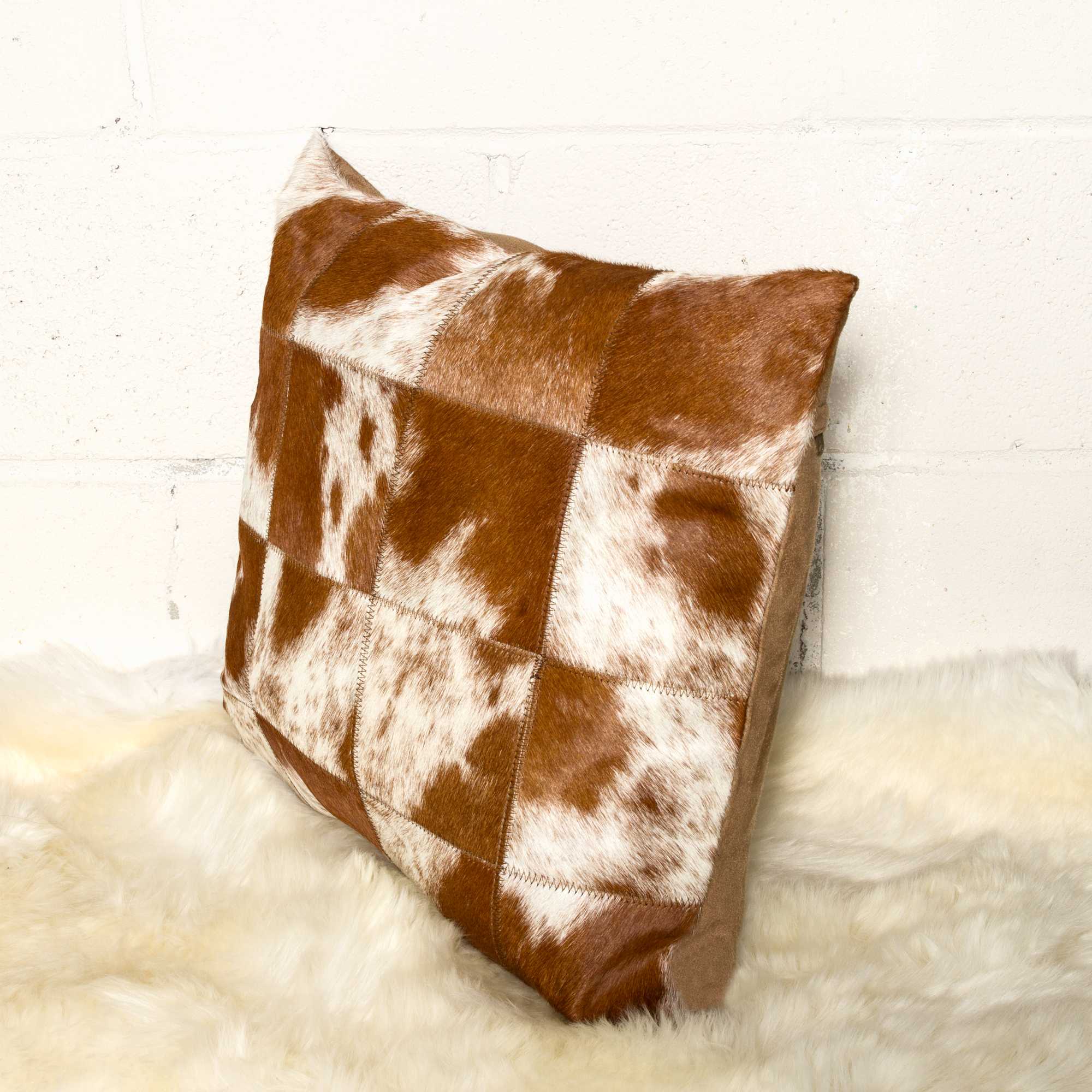 18" x 18" x 5" Brown And White Patchwork Cowhide - Pillow
