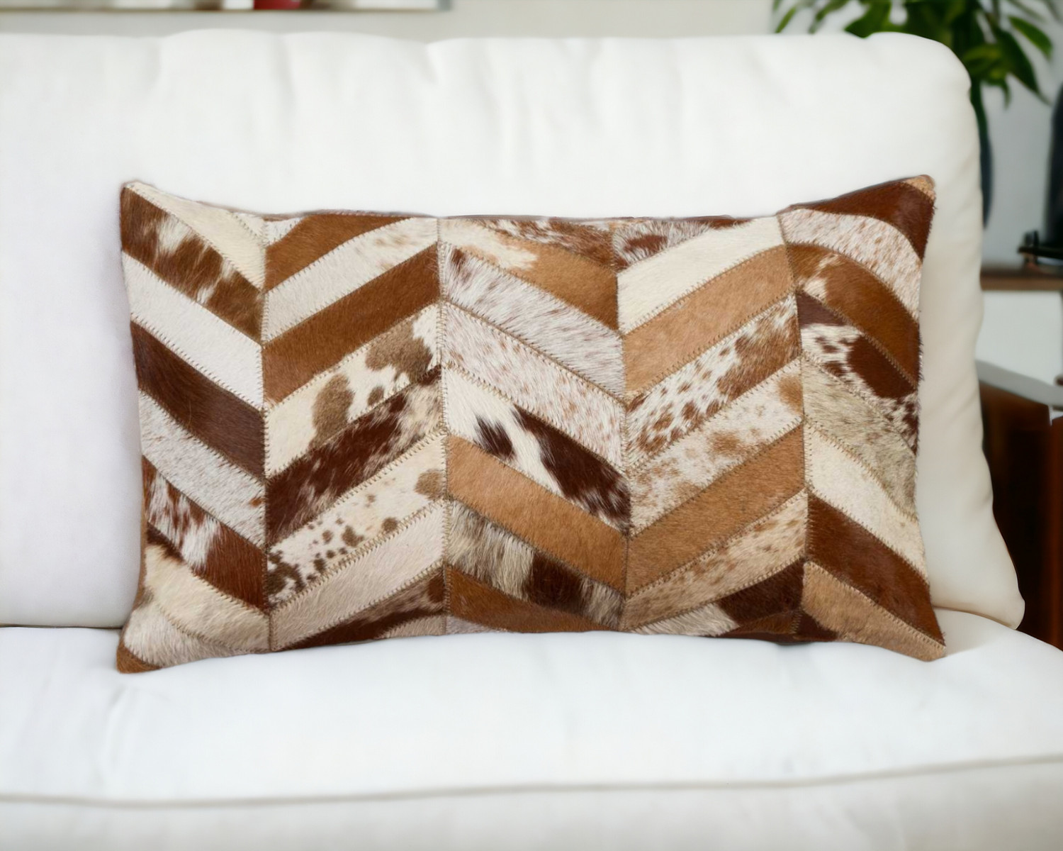 12" X 20" Brown and Off White Chevron Cowhide Throw Pillow-316886-1