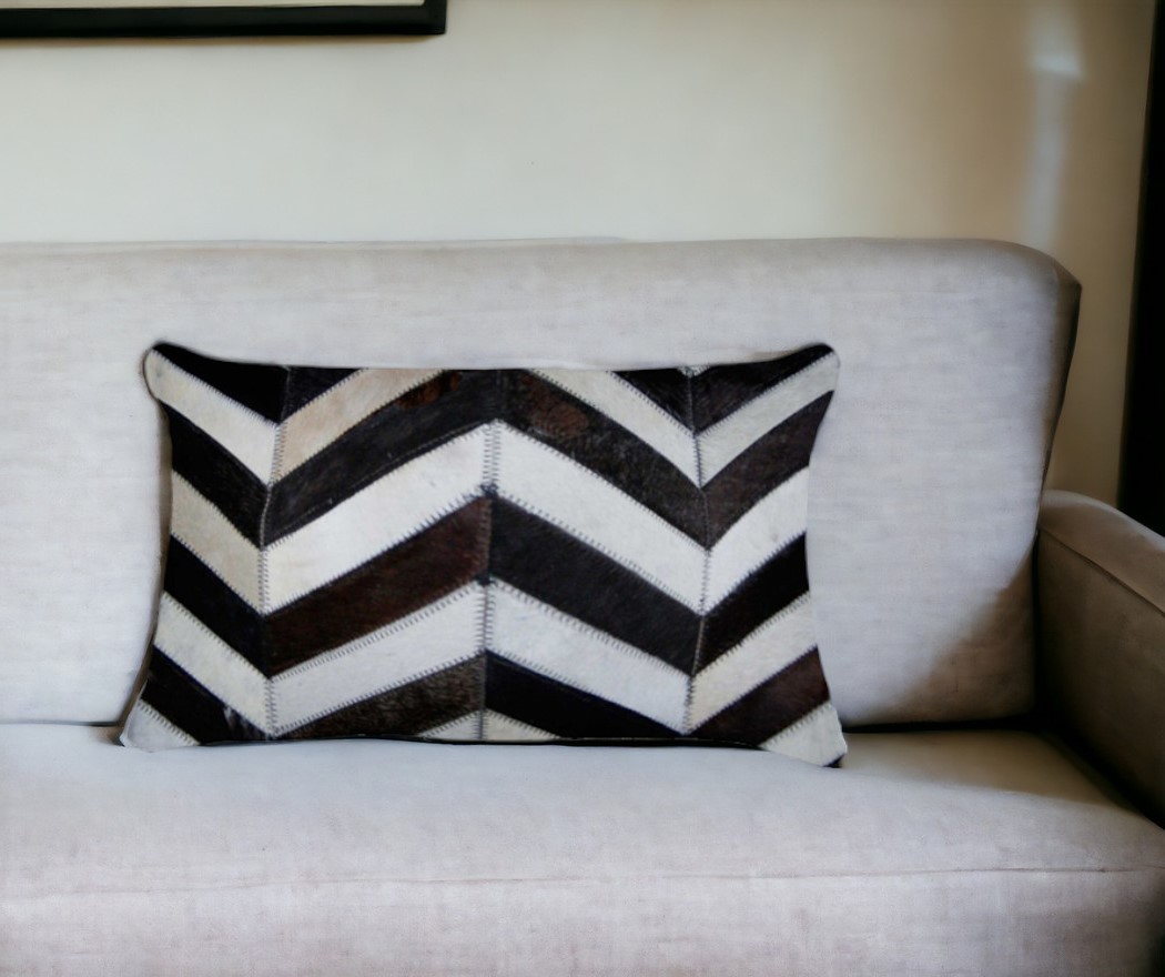 12" X 20" Chocolate Brown and Off White Chevron Cowhide Throw Pillow-316887-1
