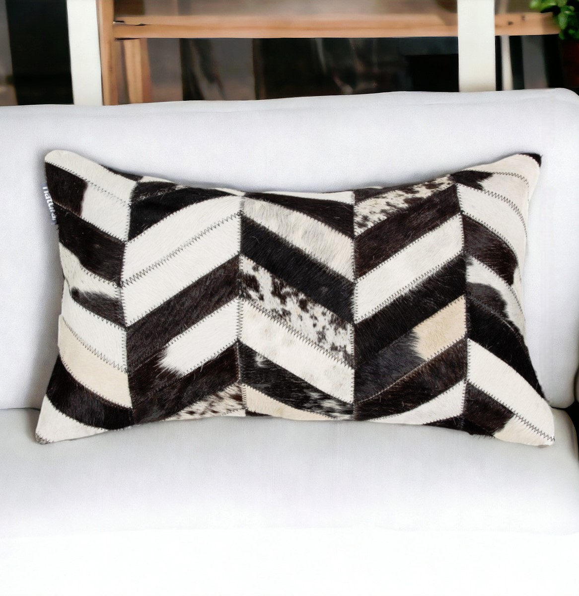 12" X 20" Black and Off White Chevron Cowhide Throw Pillow-316888-1