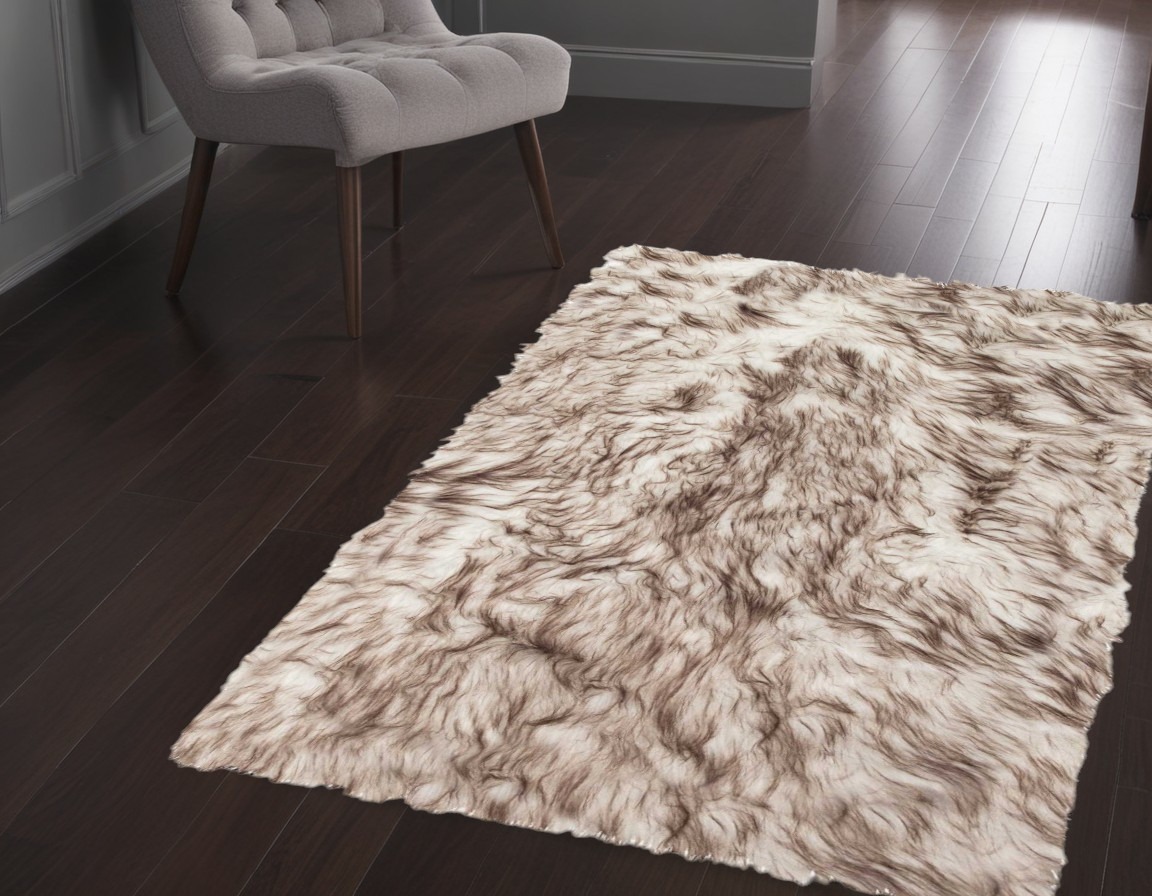 2' x 3' Brown and White Faux Sheepskin Ombre Machine Tufted Non Skid Area Rug-317213-1