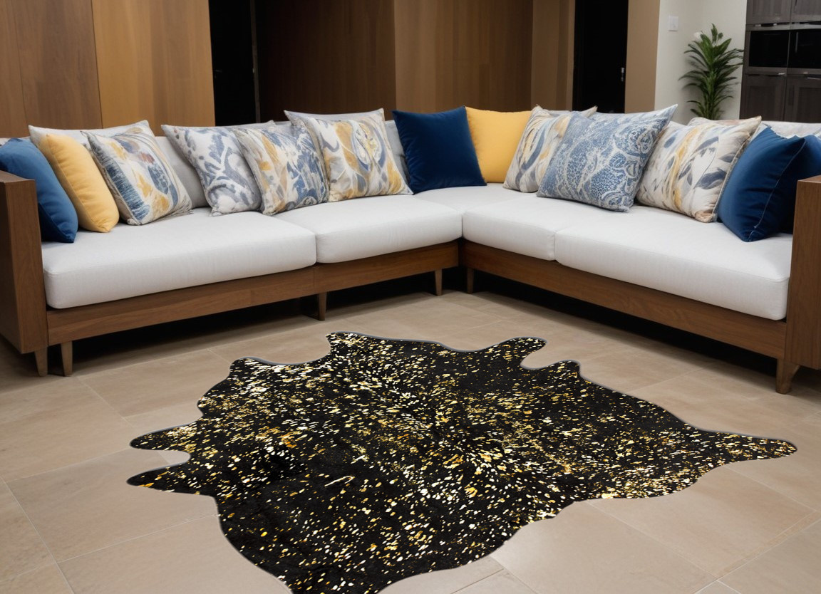 5' X 7' Black And Gold Cowhide Area Rug-317326-1