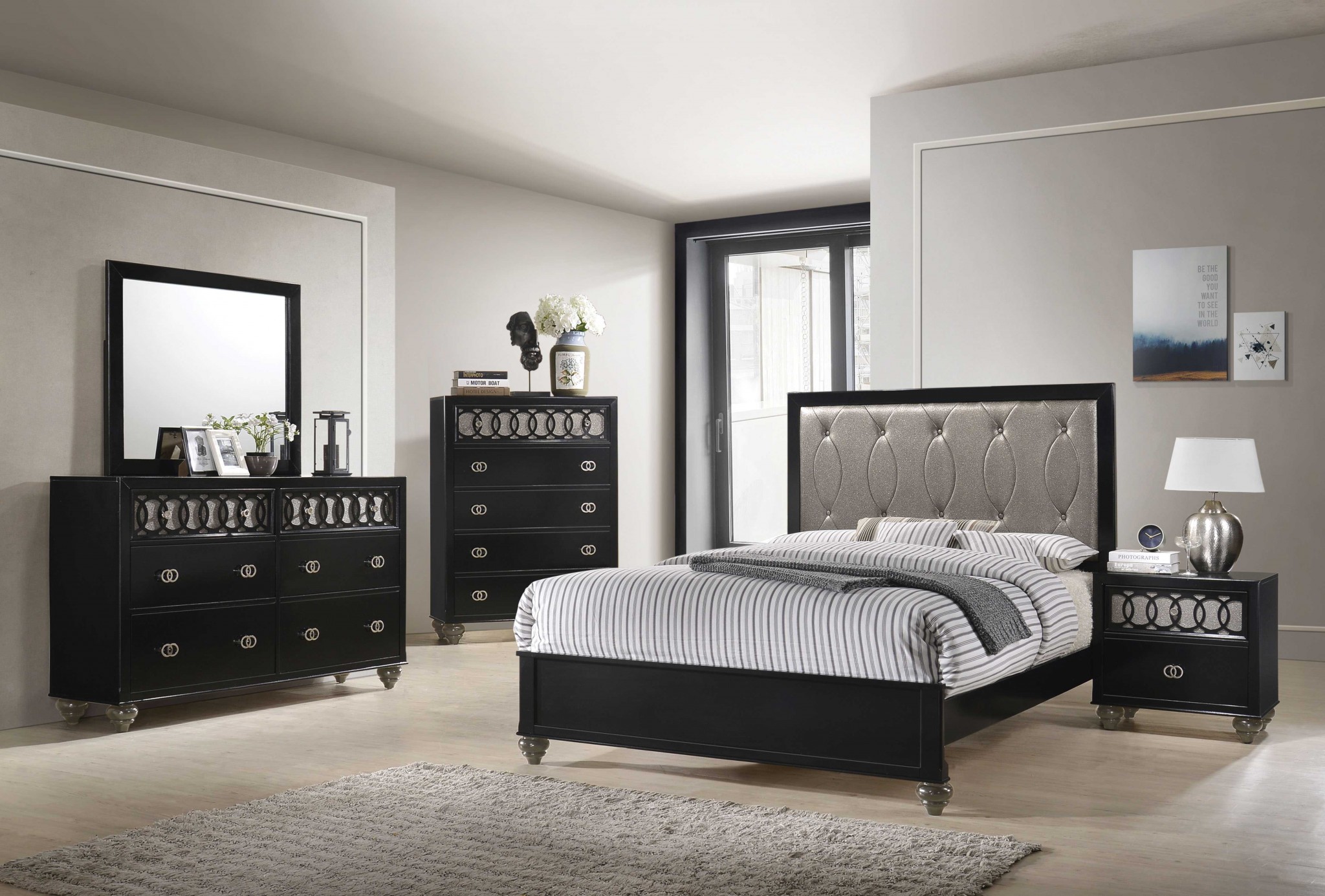 59" X 16" X 38" Black Engineered Wood And Nickel Brushed Metal Dresser