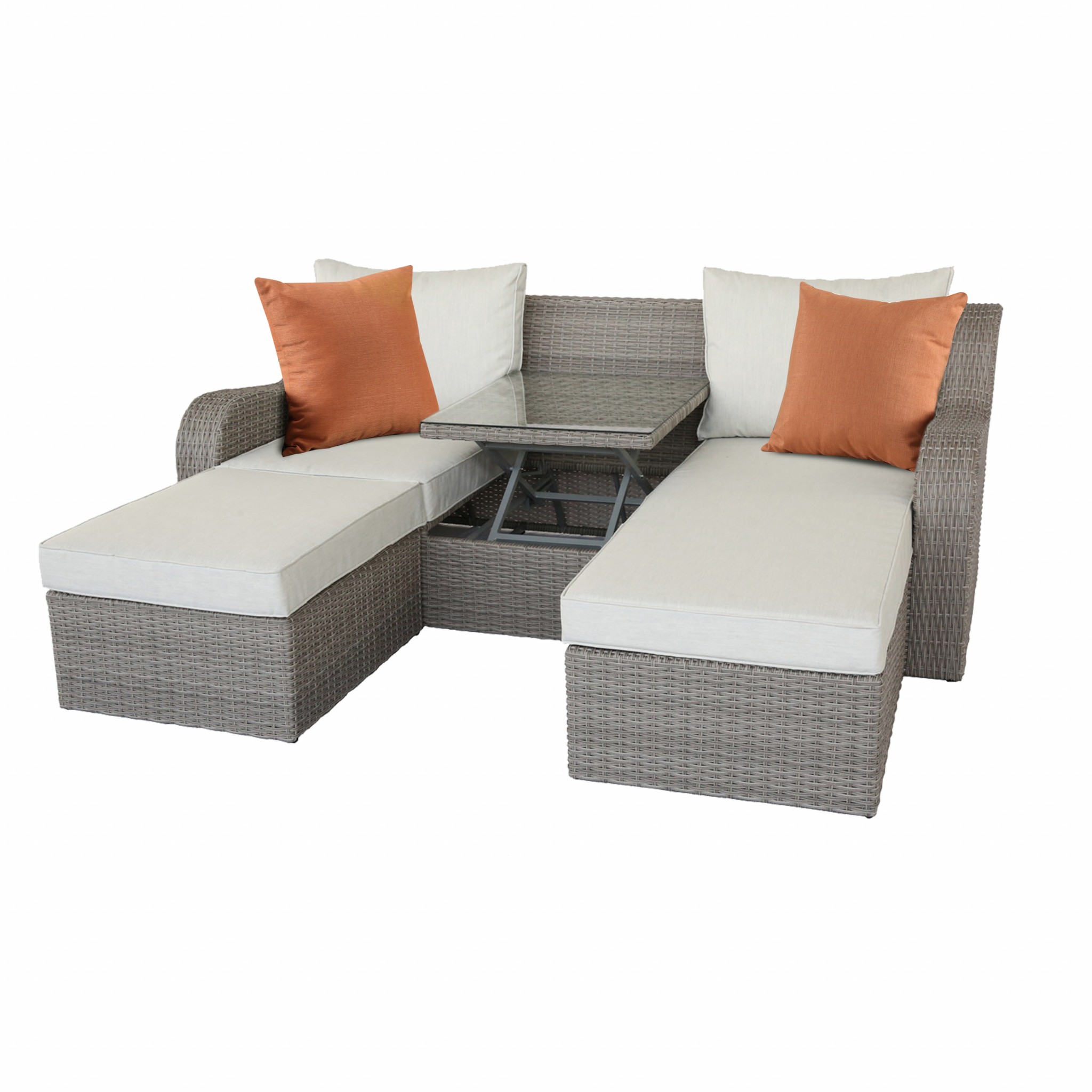 82" X 36" X 30" 3Pc Beige Fabric And Gray Wicker Patio Sectional And Ottoman Set