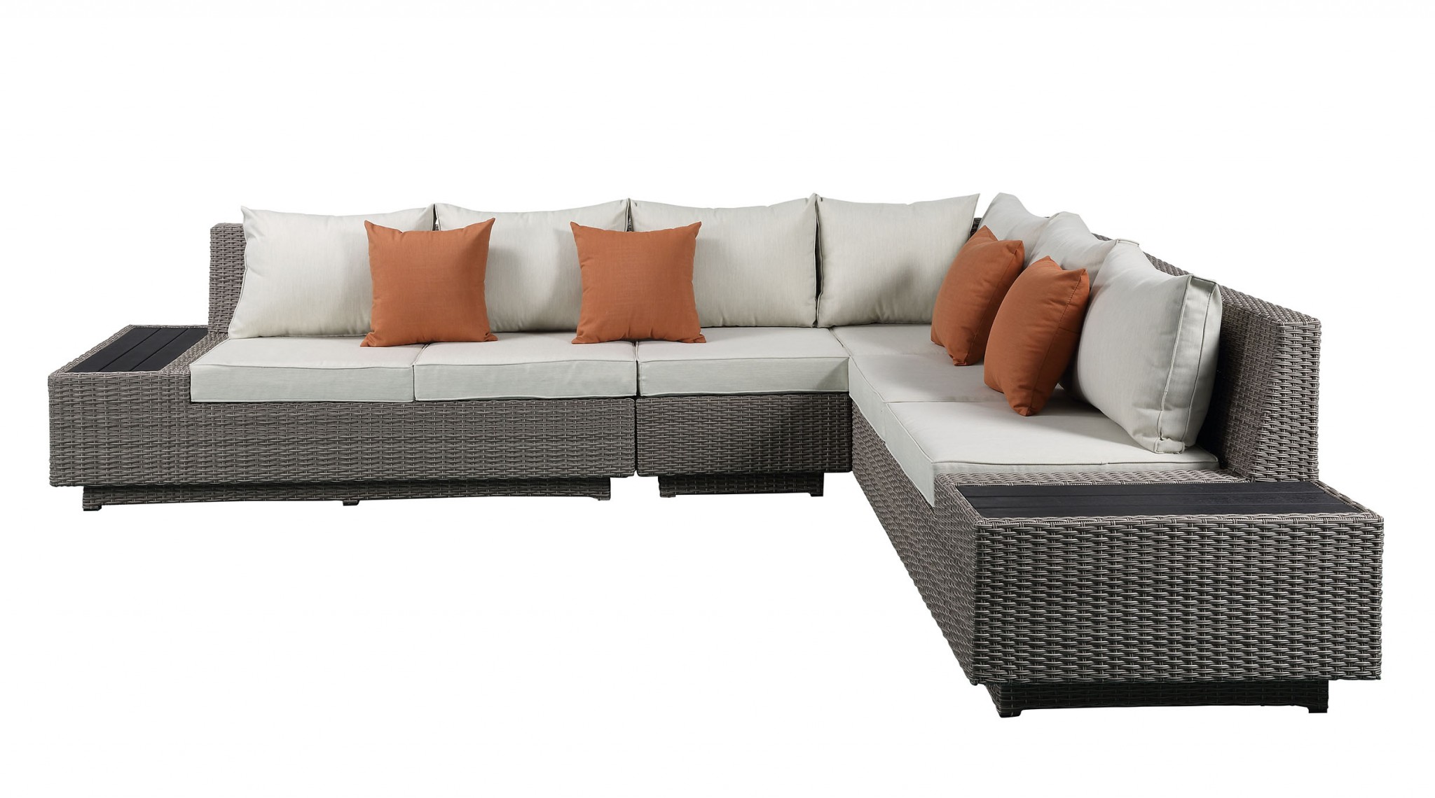 126" X 100" X 30" Beige Fabric And Gray Wicker Patio Sectional And Cocktail Table