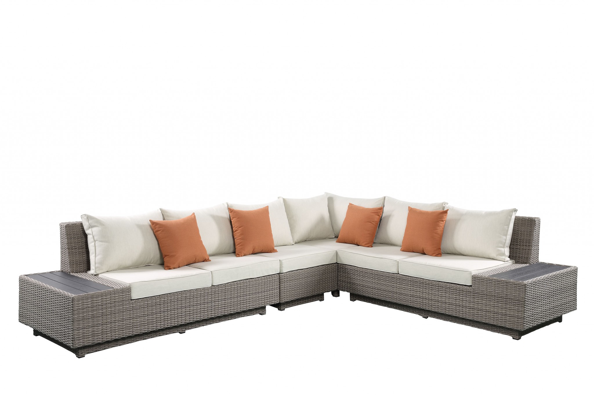 126" X 100" X 30" Beige Fabric And Gray Wicker Patio Sectional And Cocktail Table