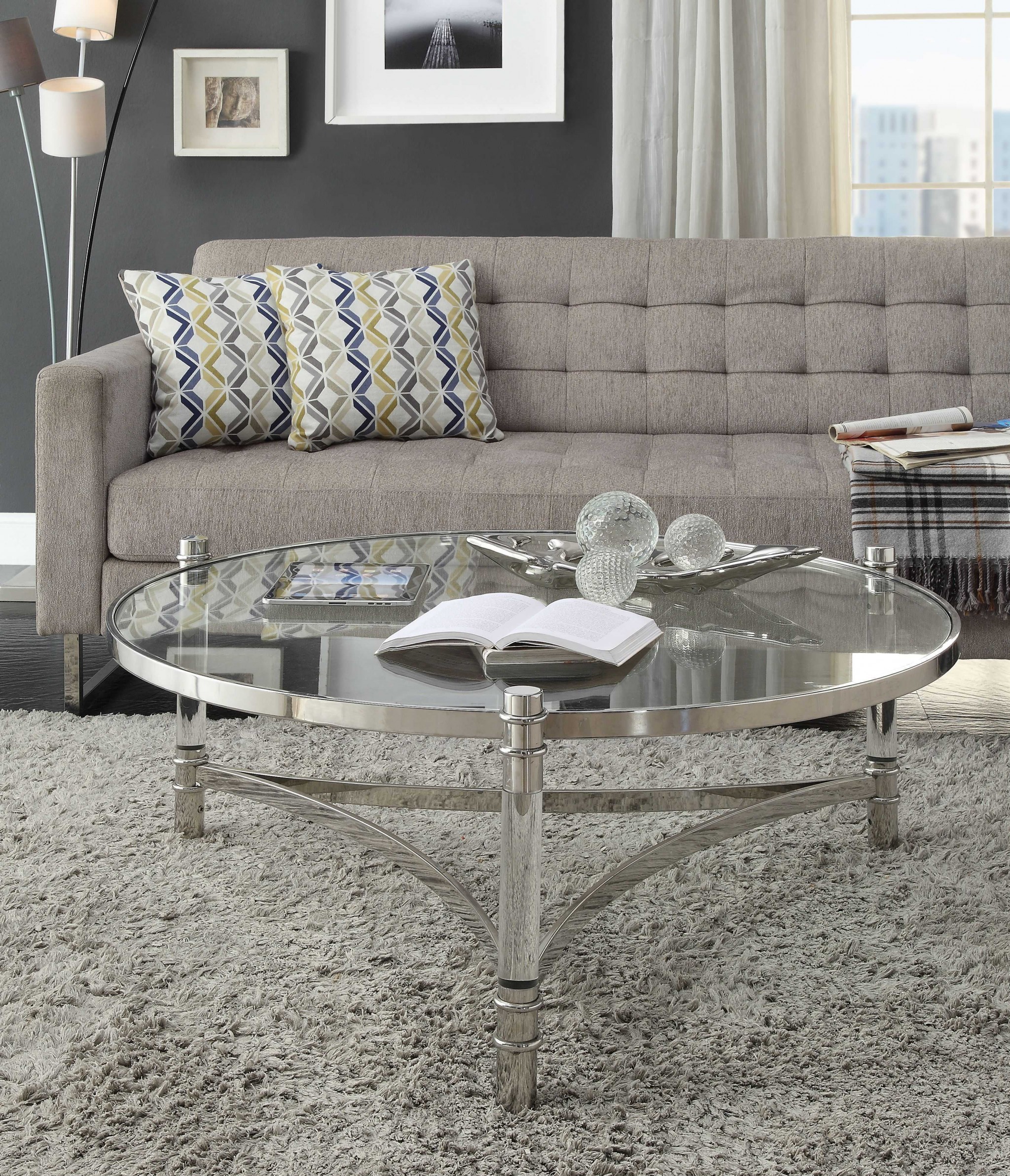 41" X 41" X 17" Clear Acrylic, Stainless Steel And Clear Glass Coffee Table