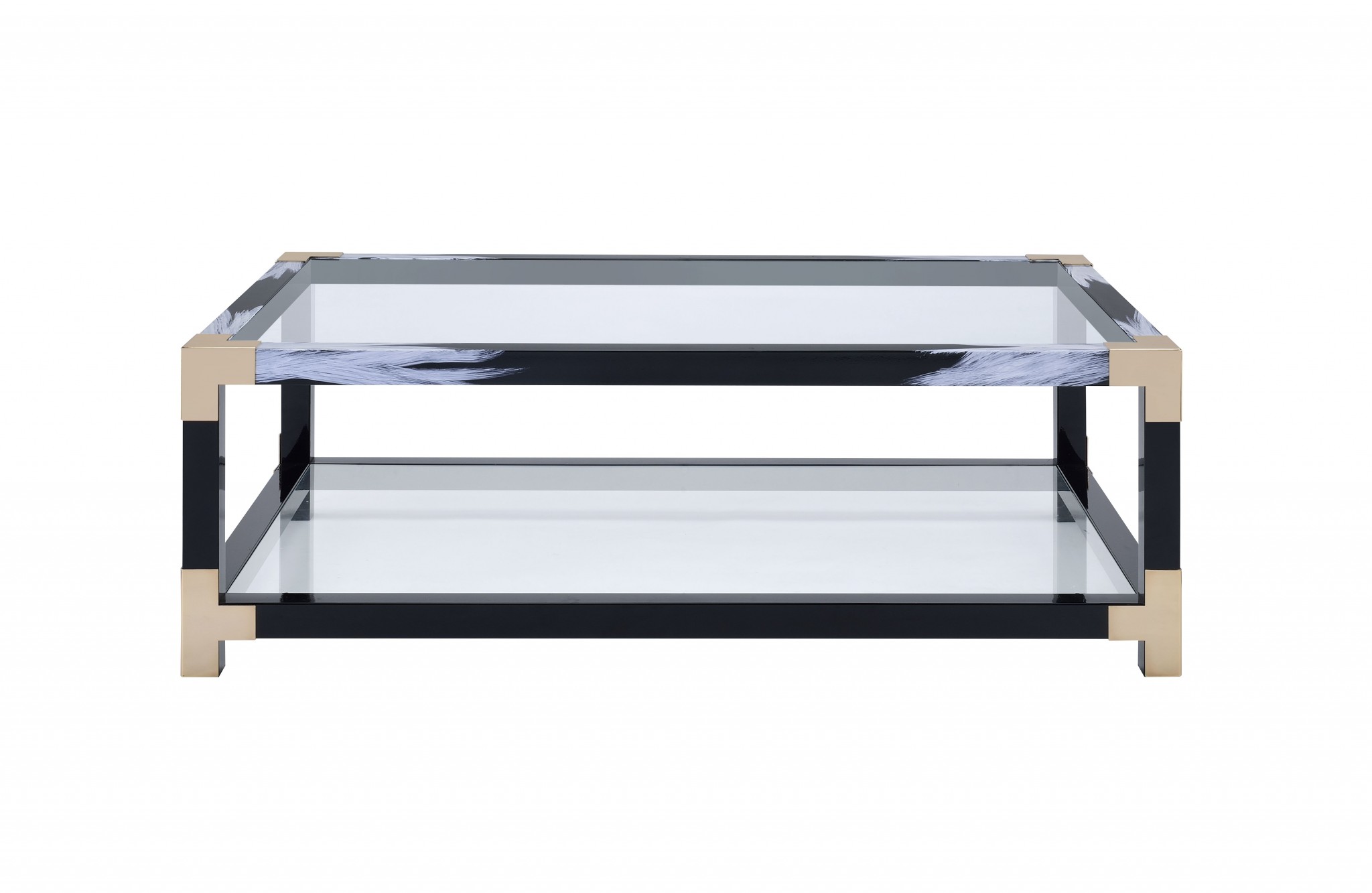 54" X 18" X 34" White Brushed, Black, Gold And Clear Glass Coffee Table