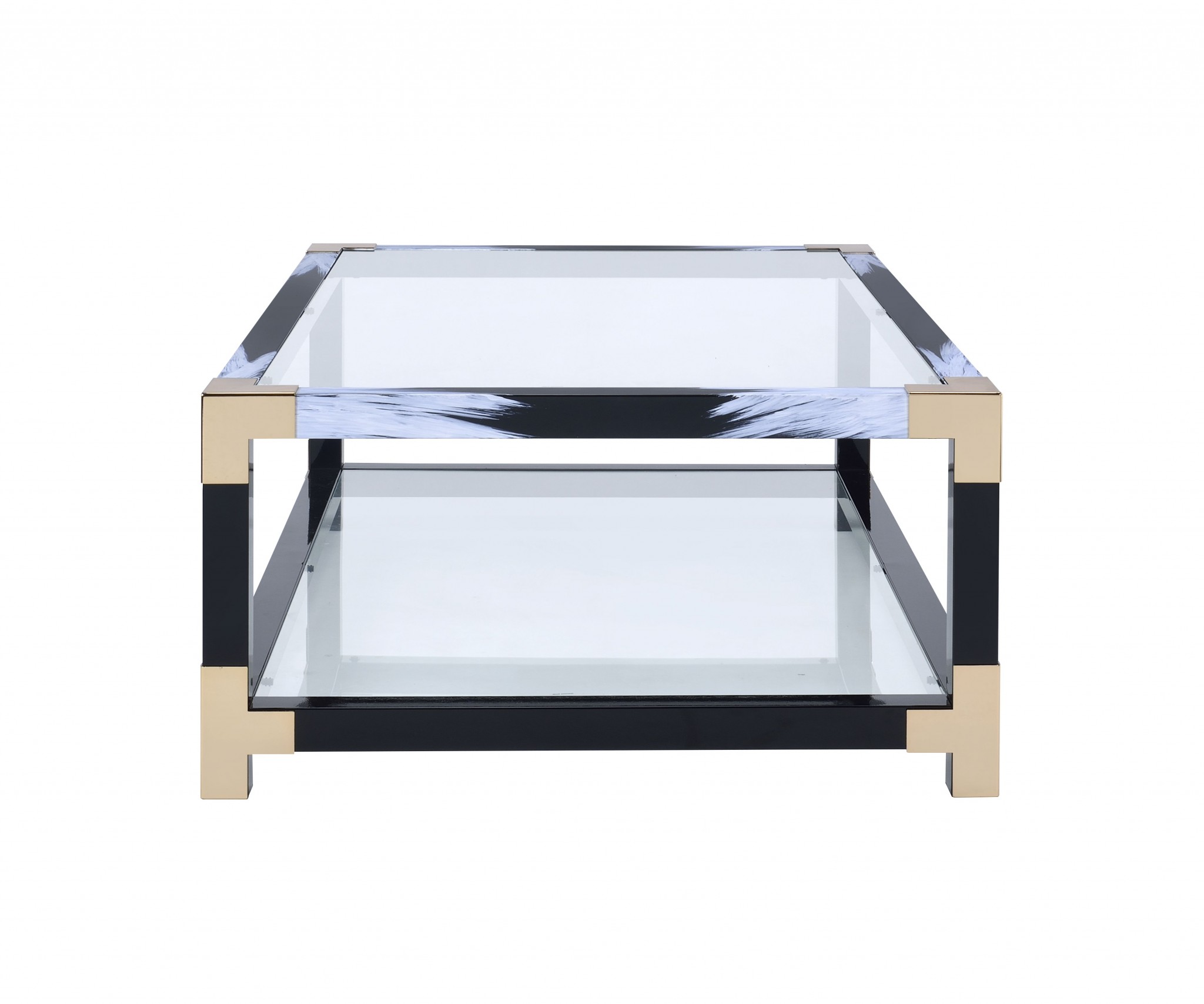 54" X 18" X 34" White Brushed, Black, Gold And Clear Glass Coffee Table