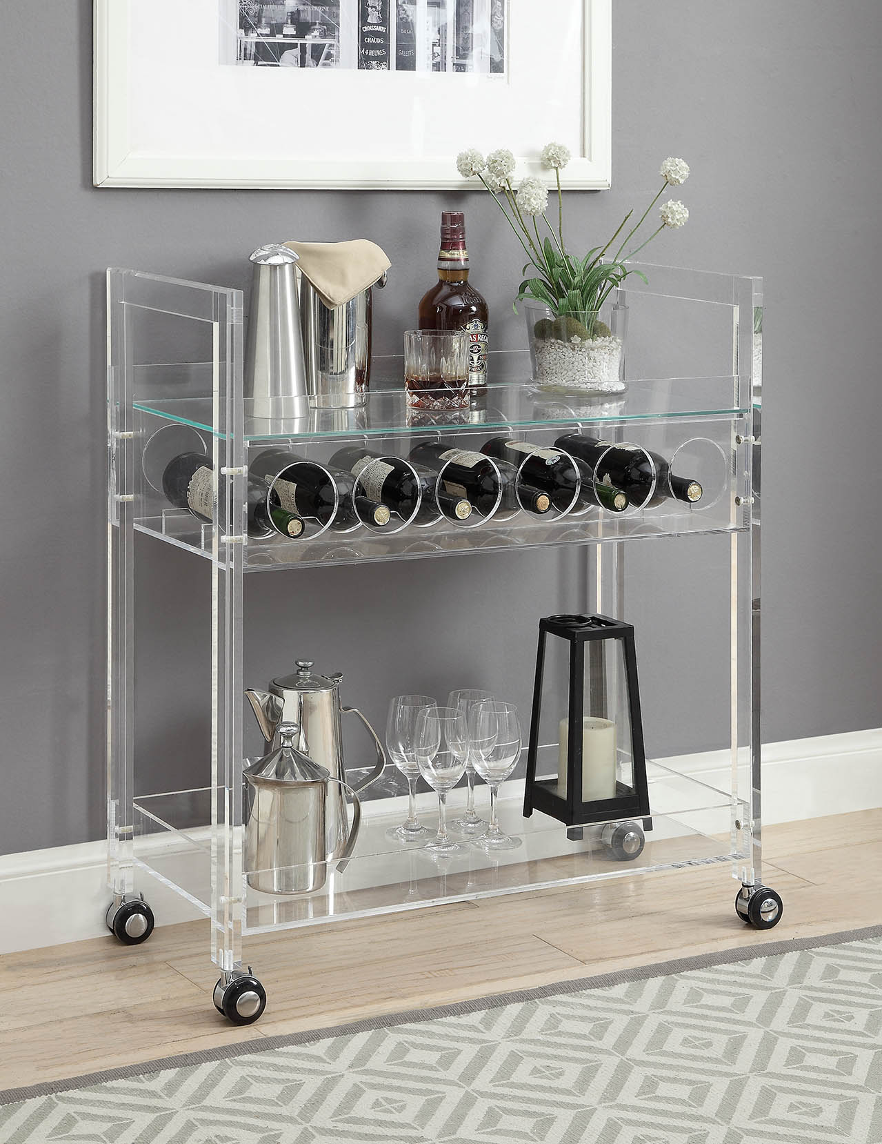 31" X 16" X 31" Clear Acrylic And Clear Glass Serving Cart