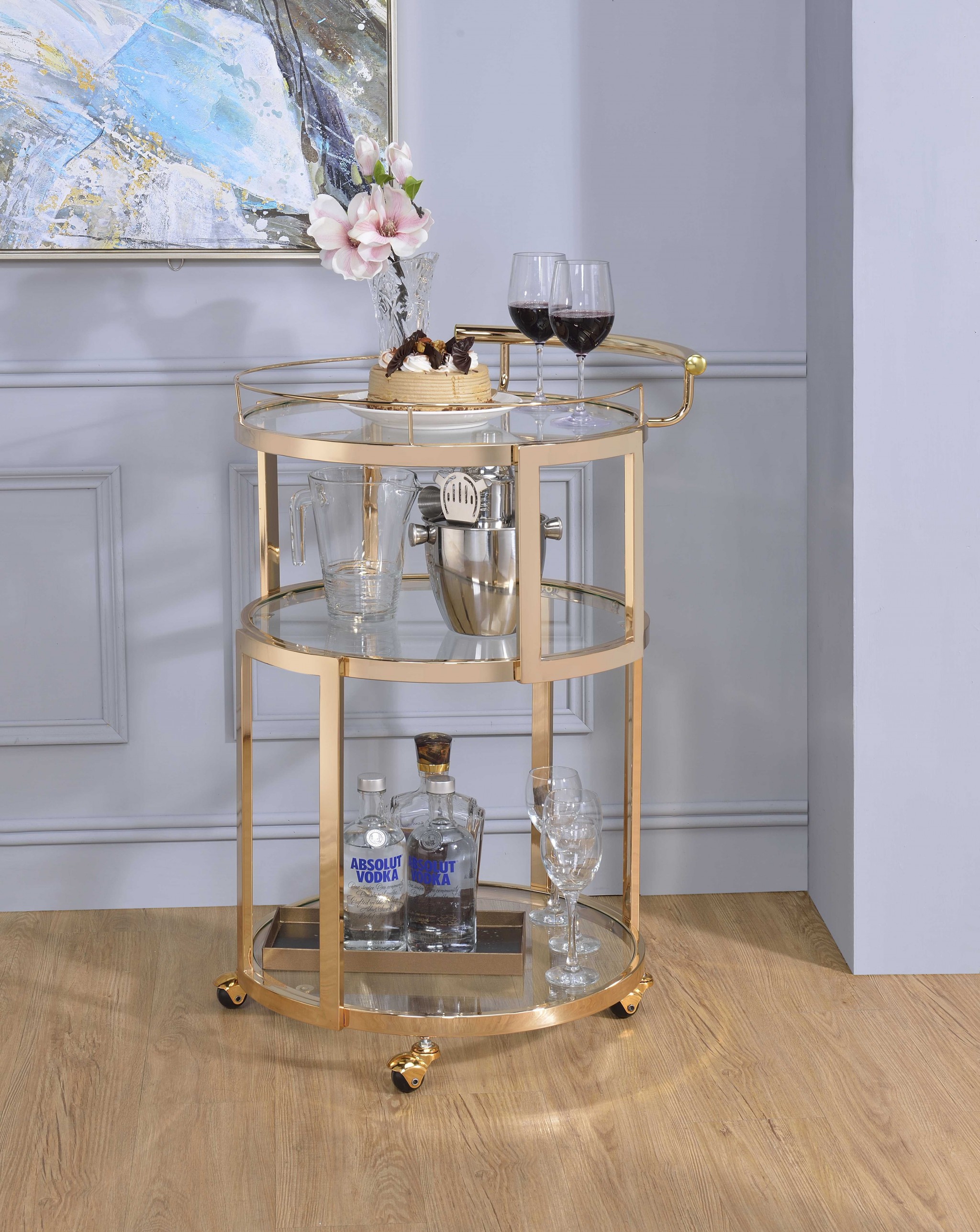 22" X 21" X 34" Gold And Clear Glass Serving Cart