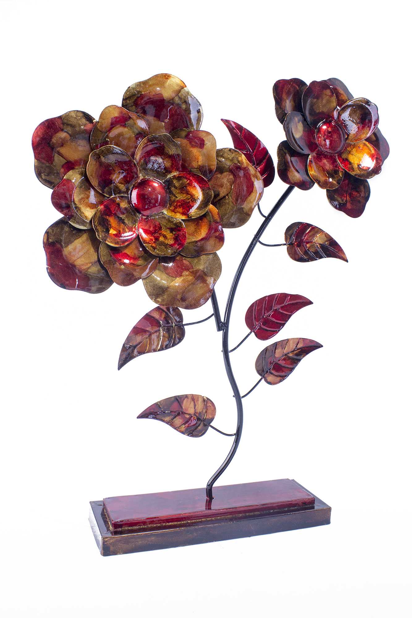22.5" X 5" X 25.5" Copper Red And Gold Metal Bloom Foiled And Lacquered Table Top Object