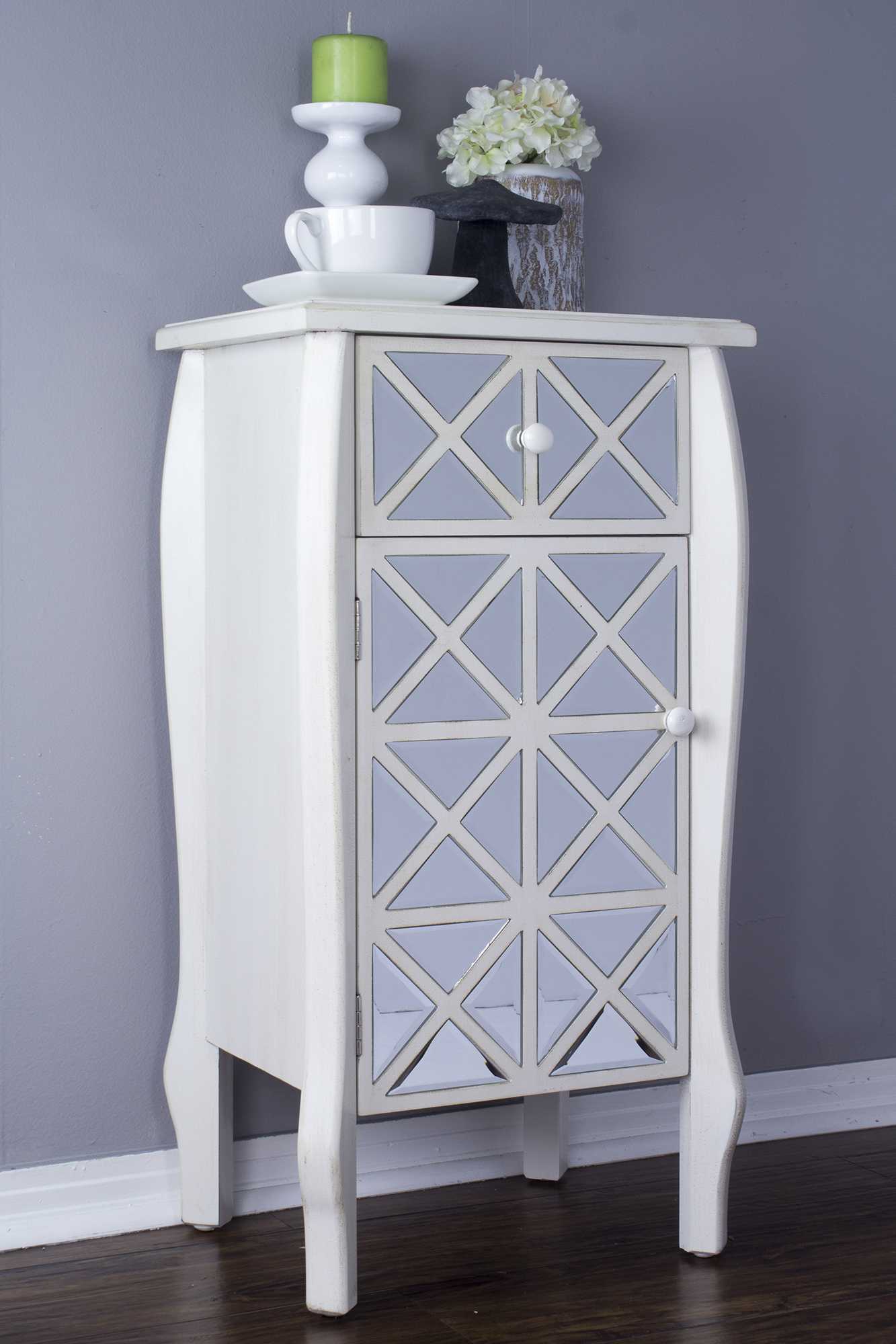 24.75" X 19" X 39.75" Antique White MDF Wood Mirrored Glass Accent Cabinet with Mirrored Drawer and Door