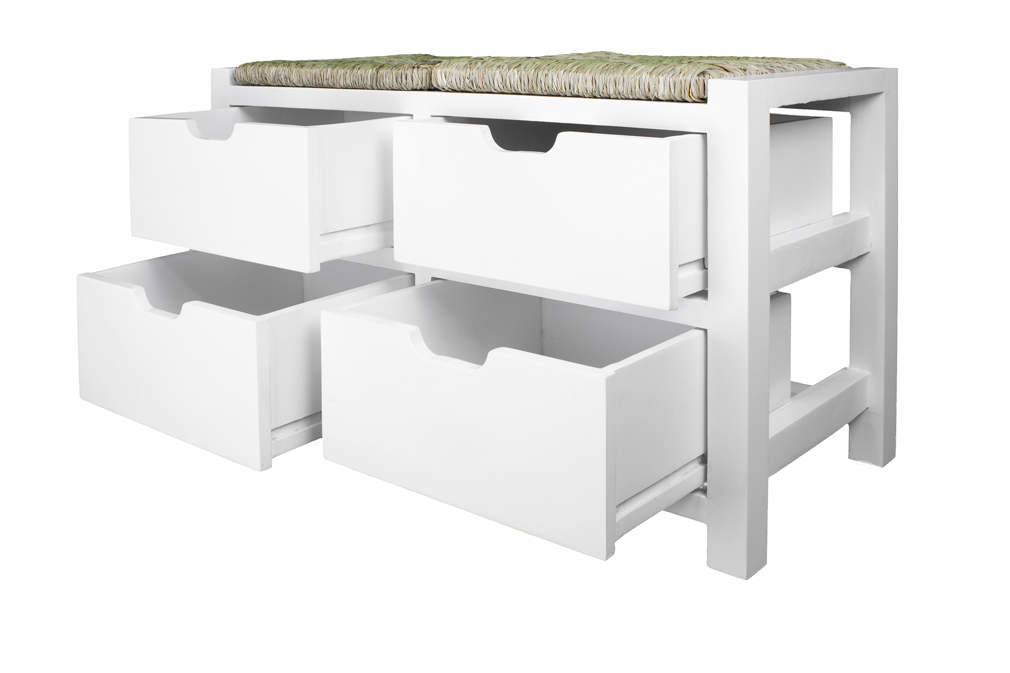 32" X 15" X 21" White W Natural Sea Grass Wood MDF Seagrass Bench with Drawers and a Seagrass Top