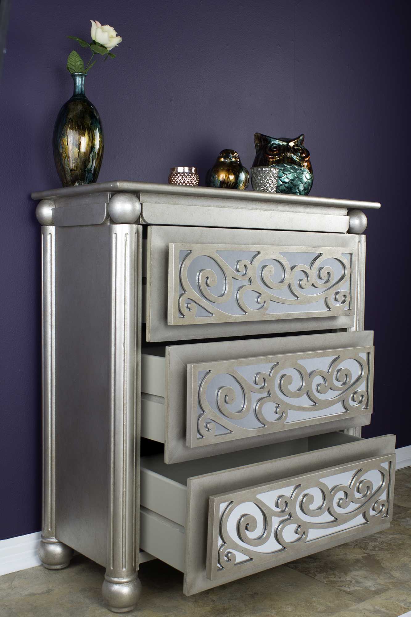 35" X 17" X 37" Antique Silver W Gold MDF Wood Mirrored Glass Accent Cabinet with drawers and Mirrored Glass