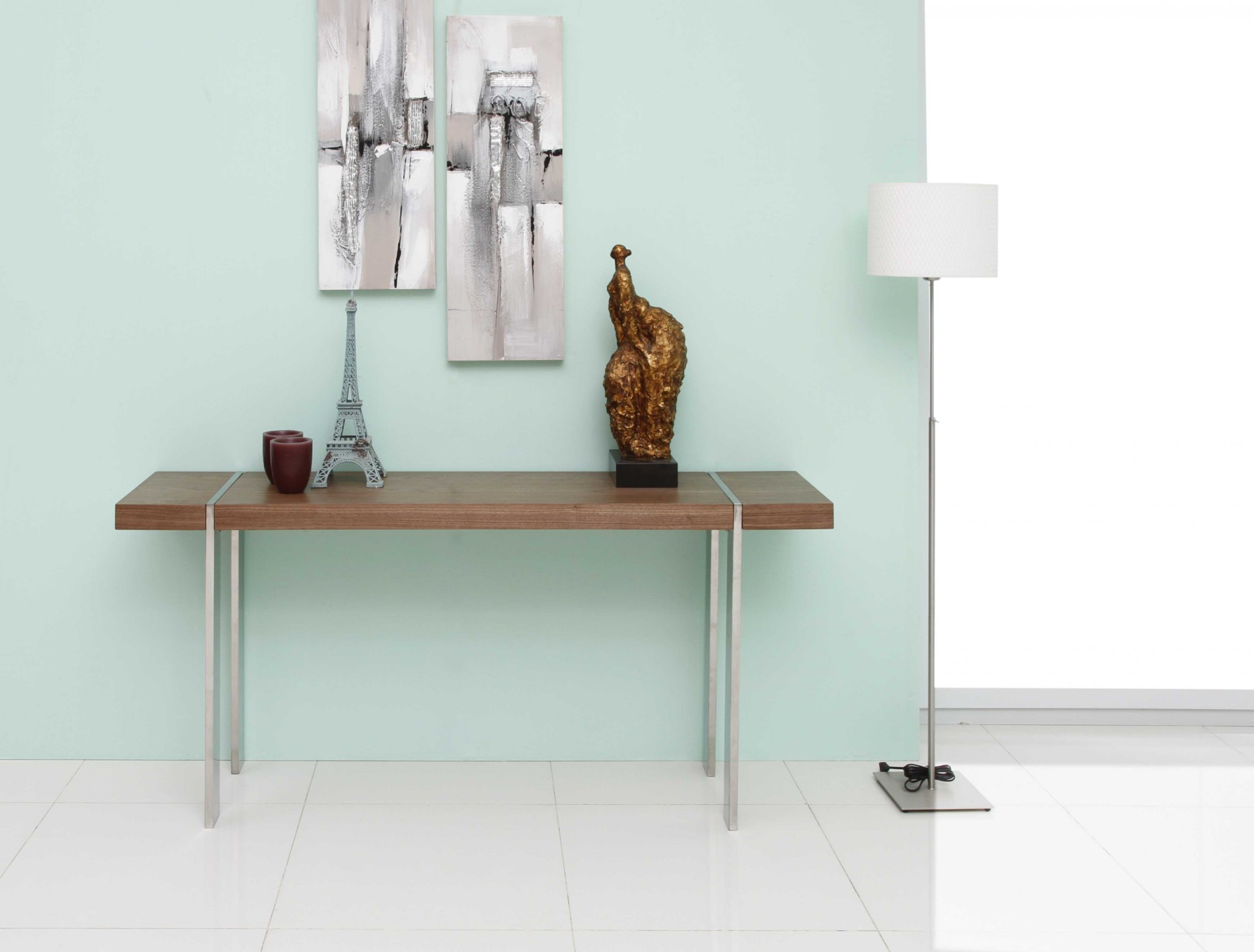 Console Walnut Veneer Polished Stainless Steel Legs