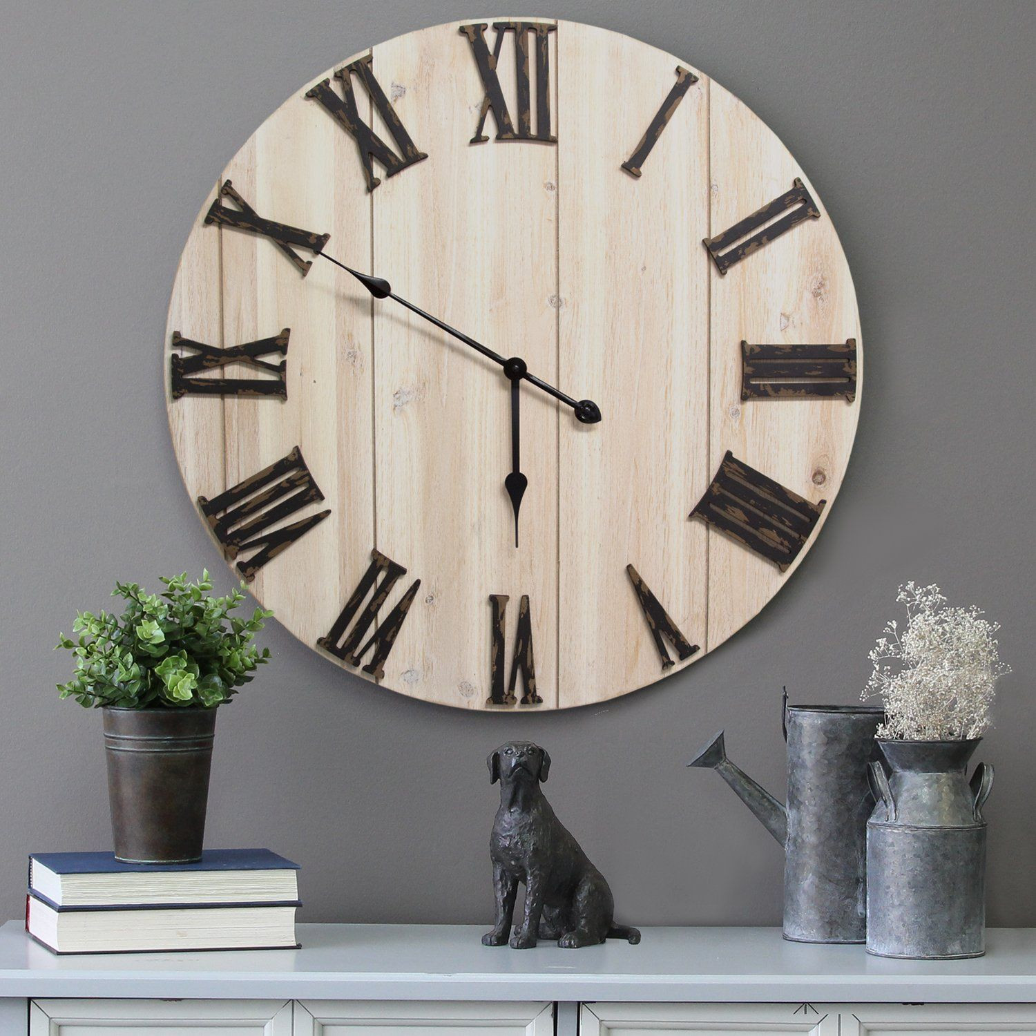 28" Round Distressed White Wood and Metal Wall Clock