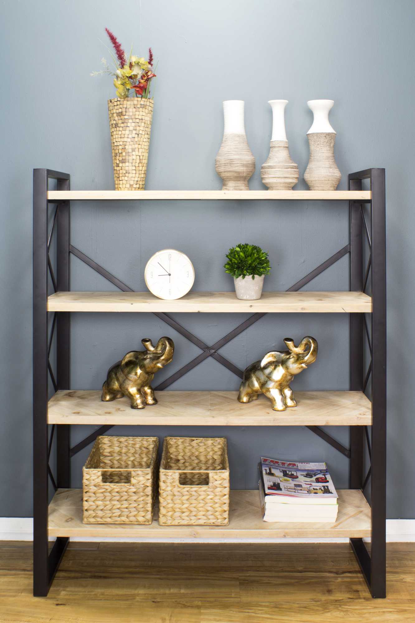39.75" X 13" X 48.5" Natural Metal Wood MDF Bookcase with Shelves