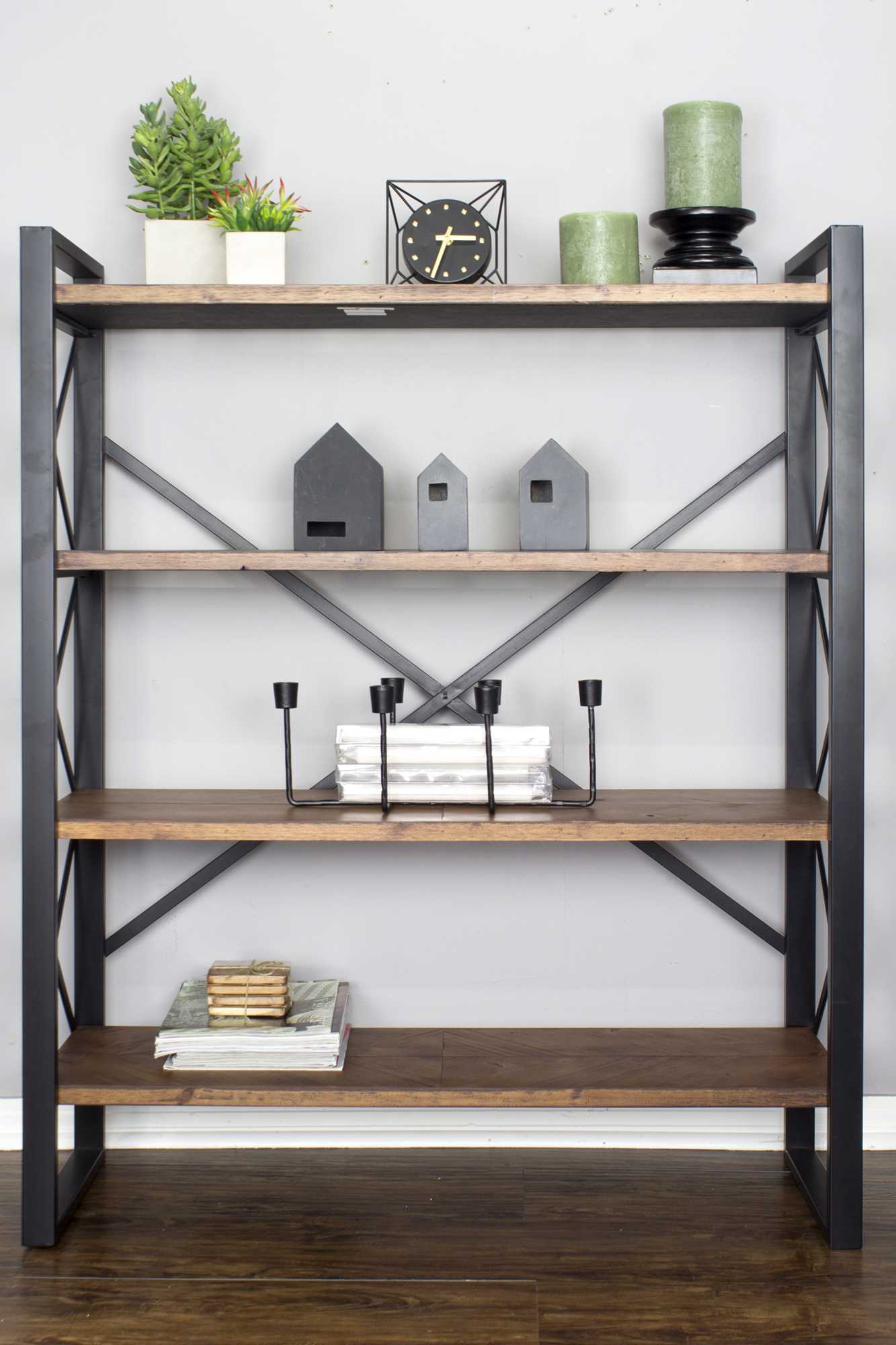 39.75" X 13" X 48.5" Black with Natural Water Hyacinth Metal Wood MDF Bookcase with Shelves