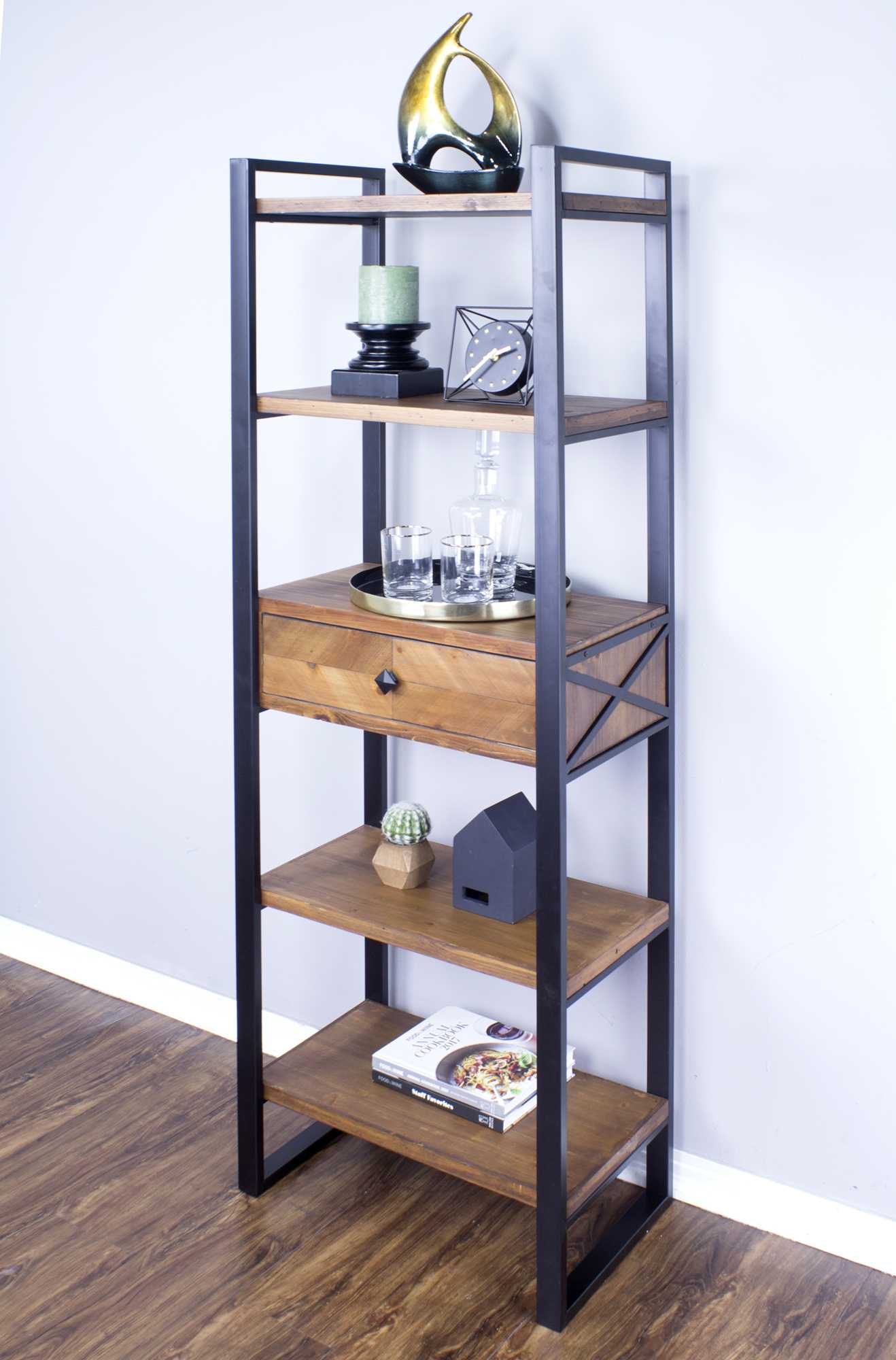 24" X 14.5" X 67.25" Natural Brown Metal Wood MDF Modern Shelf Drawer Bookcase and Display Organizer Brown