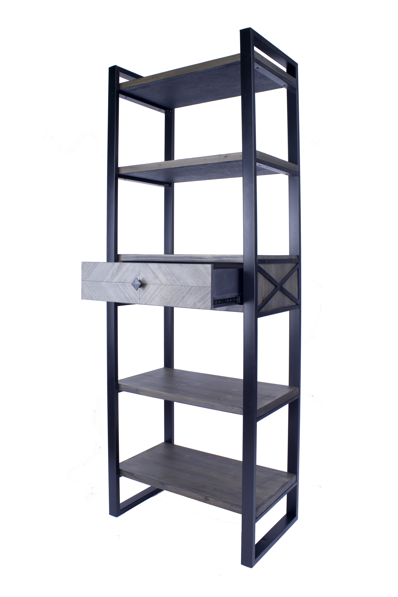 24" X 14.5" X 67.25" Natural Grey Metal Wood MDF Modern Shelf Drawer Bookcase and Display Organizer Grey