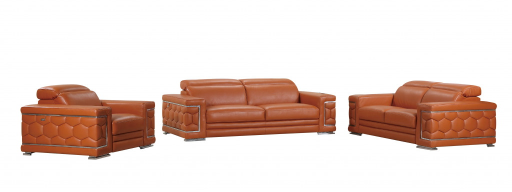 Three Piece Indoor Camel Italian Leather Six Person Seating Set-329584-1