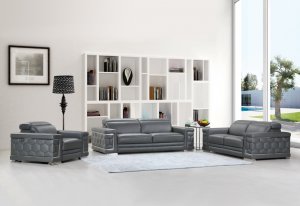 114" Sturdy Dark Grey Leather Sofa Set