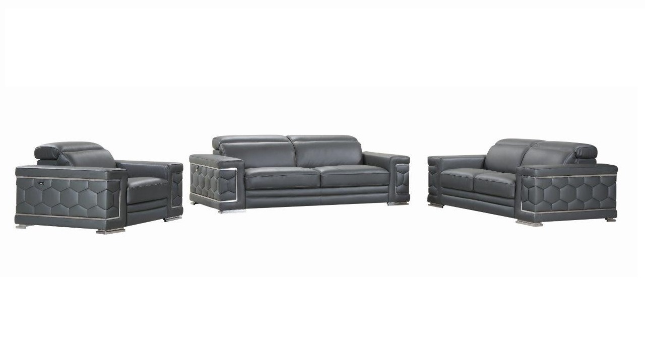 Three Piece Indoor Dark Gray Italian Leather Six Person Seating Set-329588-1