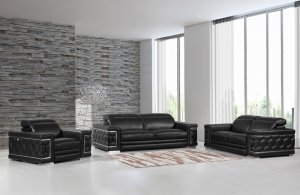 114" Sturdy Black Leather Sofa Set