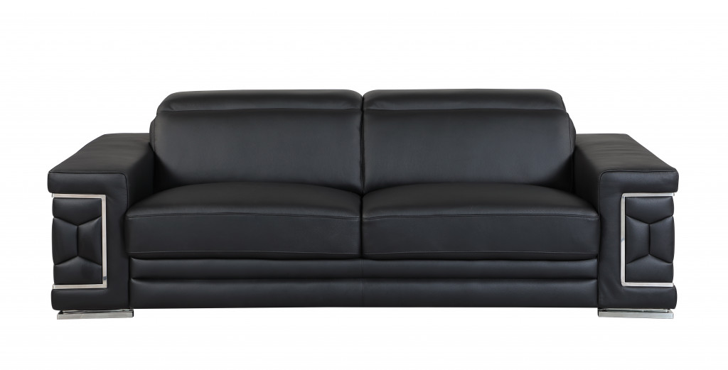 89" Black And Silver Italian Leather Sofa-329597-1