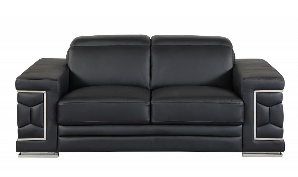 71" Black And Silver Genuine Leather Love Seat-329598-1