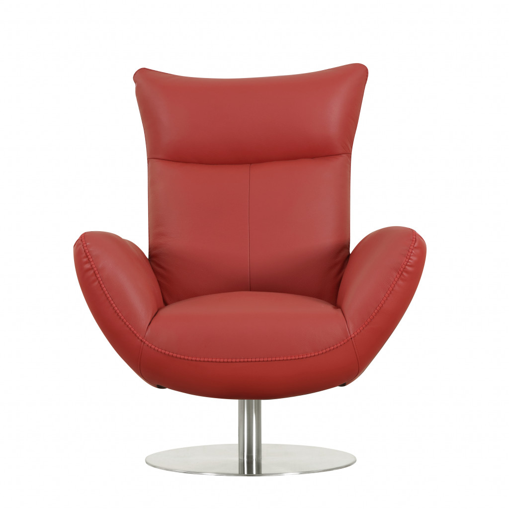 37" Red And Silver Genuine Leather Swivel Lounge Chair-329693-1