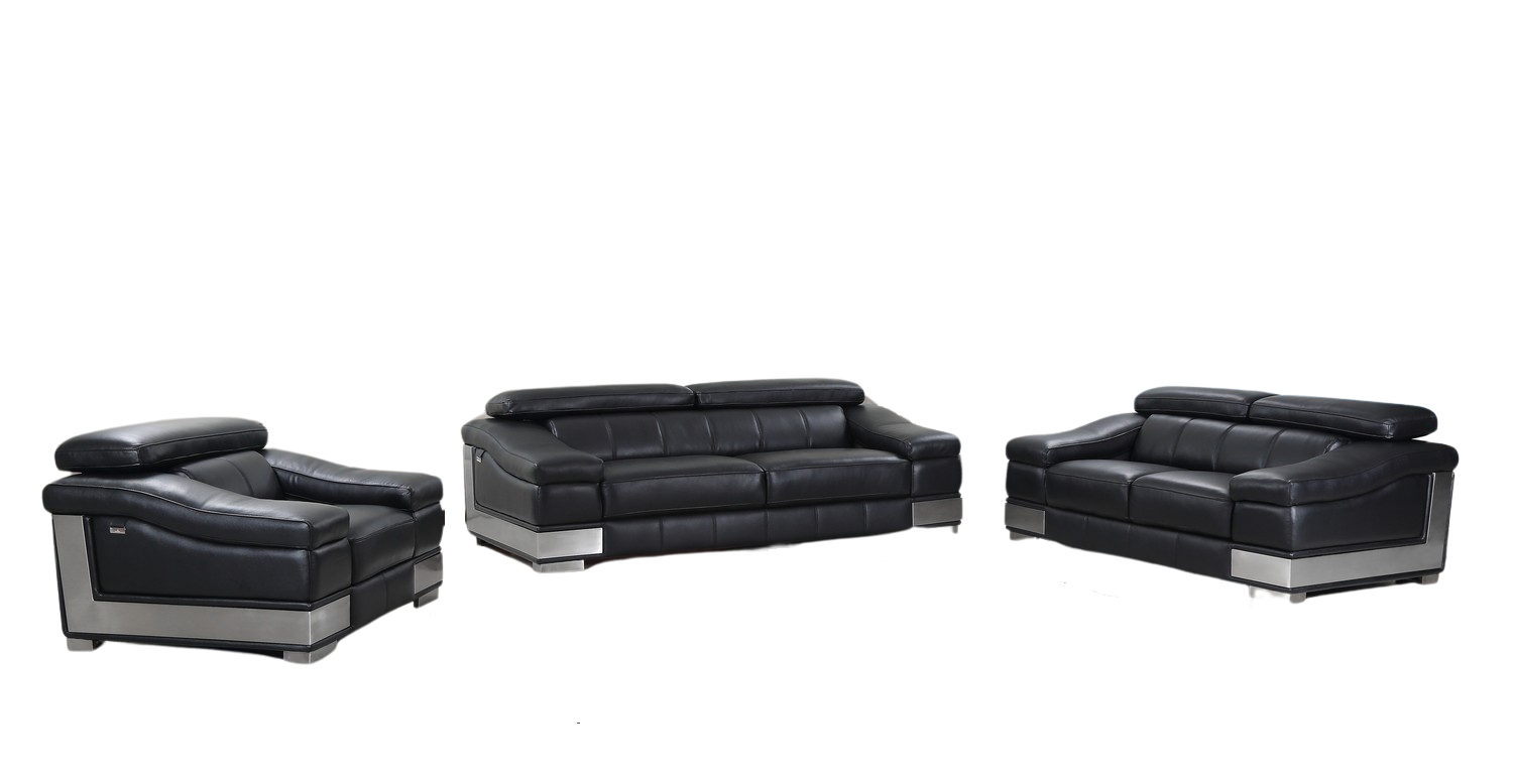 Three Piece Indoor Black Italian Leather Six Person Seating Set-329716-1