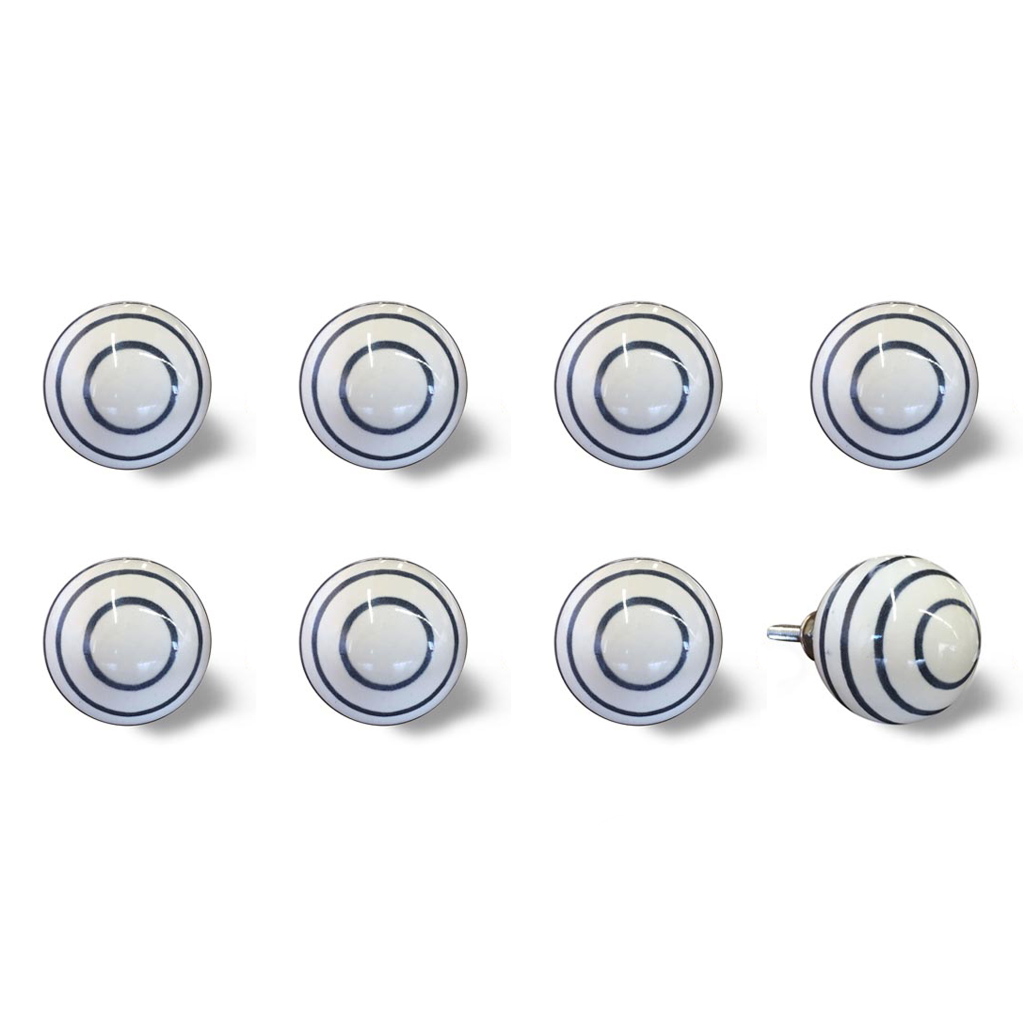 1.5" x 1.5" x 1.5" White/Navy Handpainted, Ceramic - Knobs 8-Pack