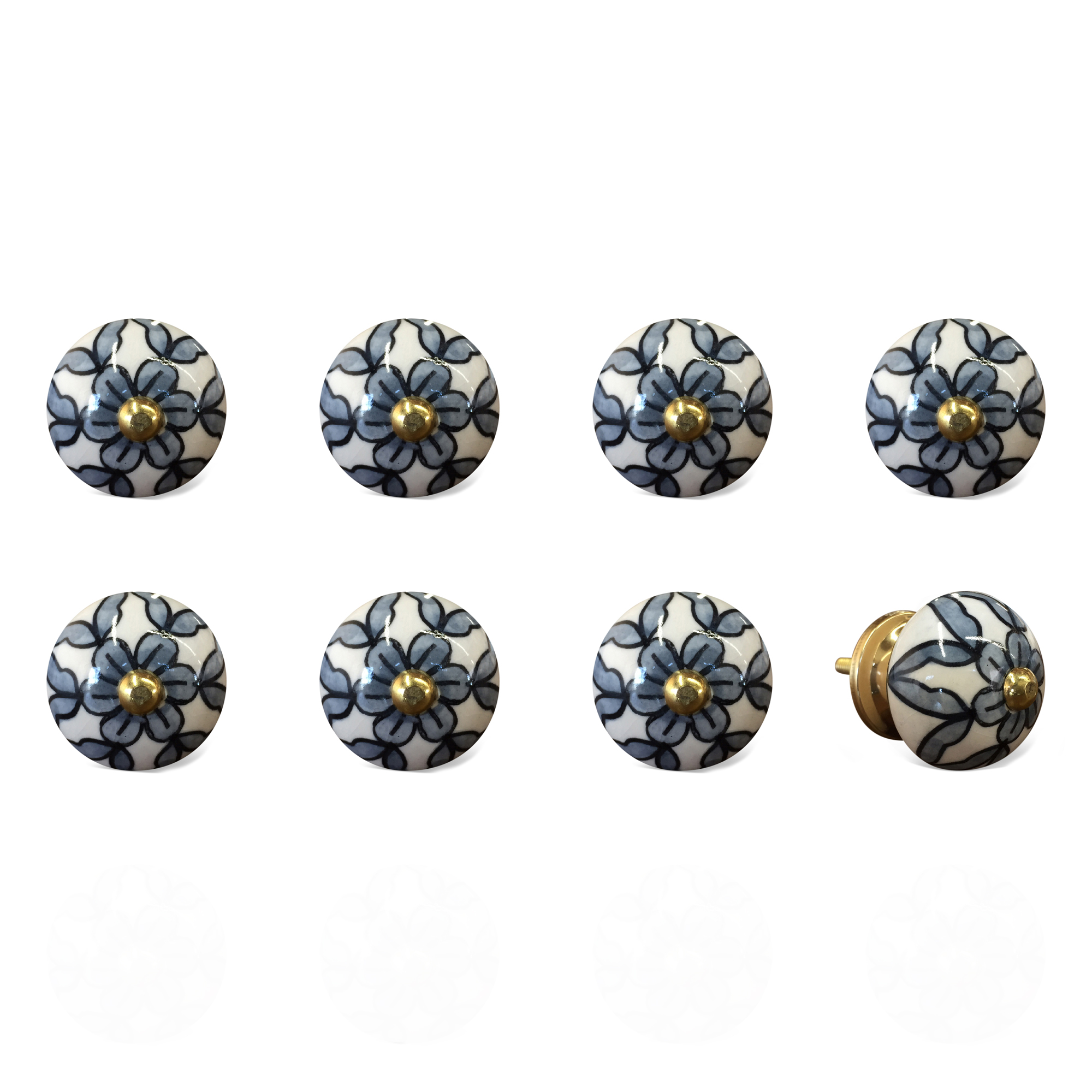 1.5" x 1.5" x 1.5" White/Blue/Black, Handpainted, Ceramic - Knobs 8-Pack