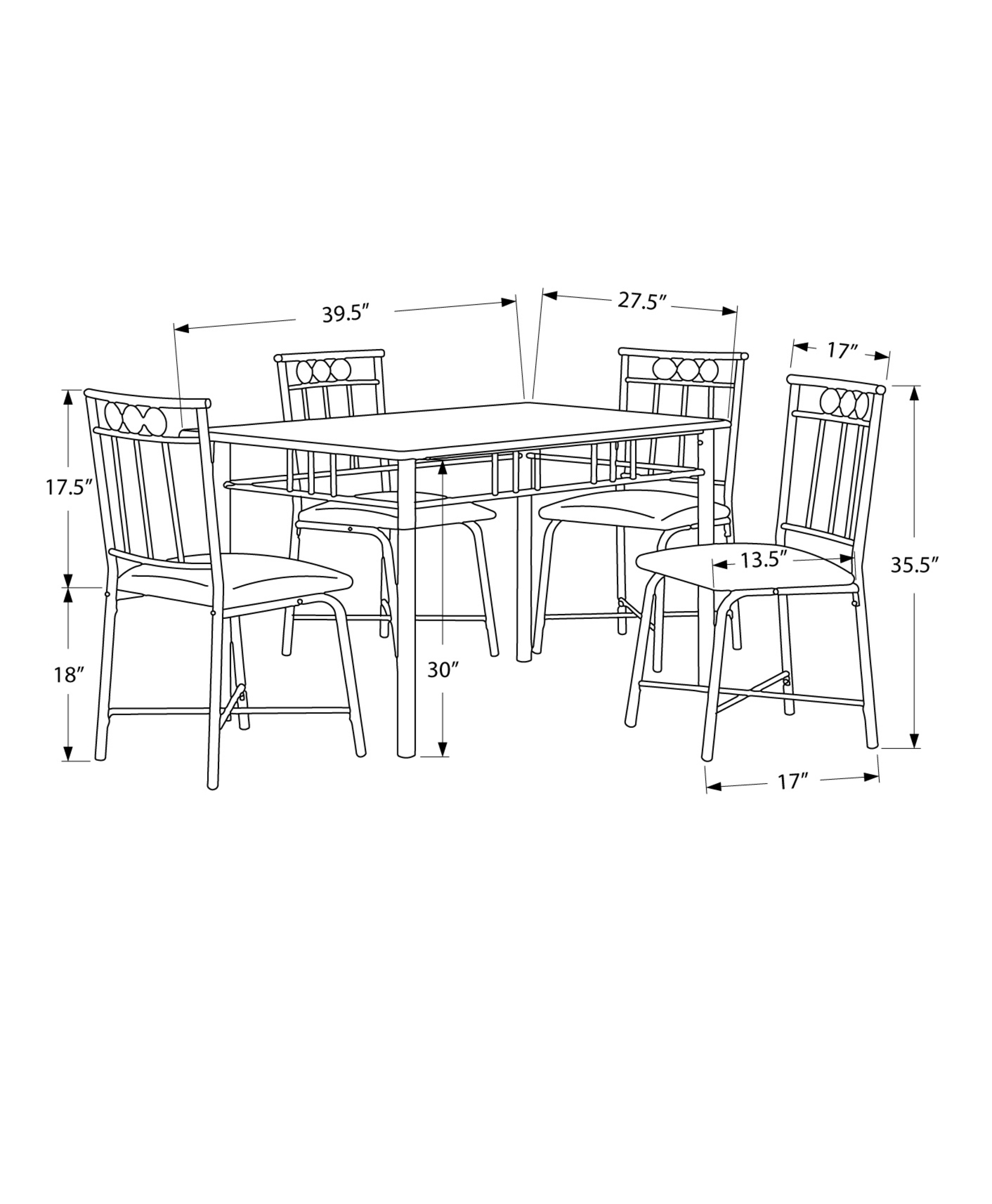 61.5" x 73.5" x 101" Black Metal Foam Polyurethane Leather Look Polyes 5pcs Dining Set